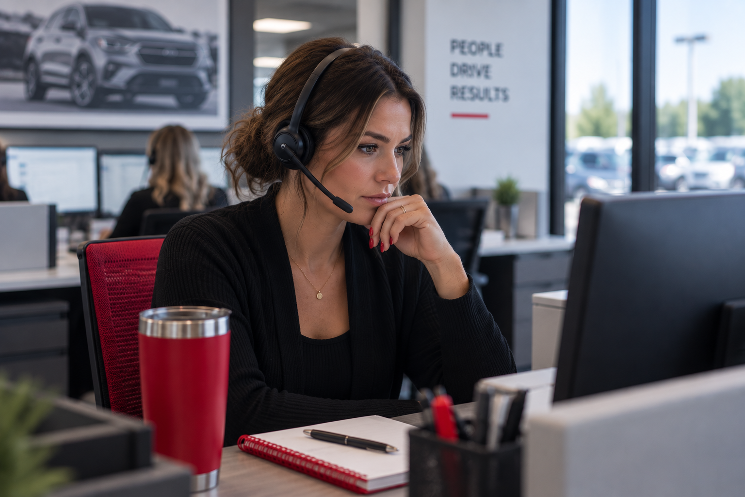 Dealership manager reviewing CRM performance while investigating problems with dealership outbound calls.